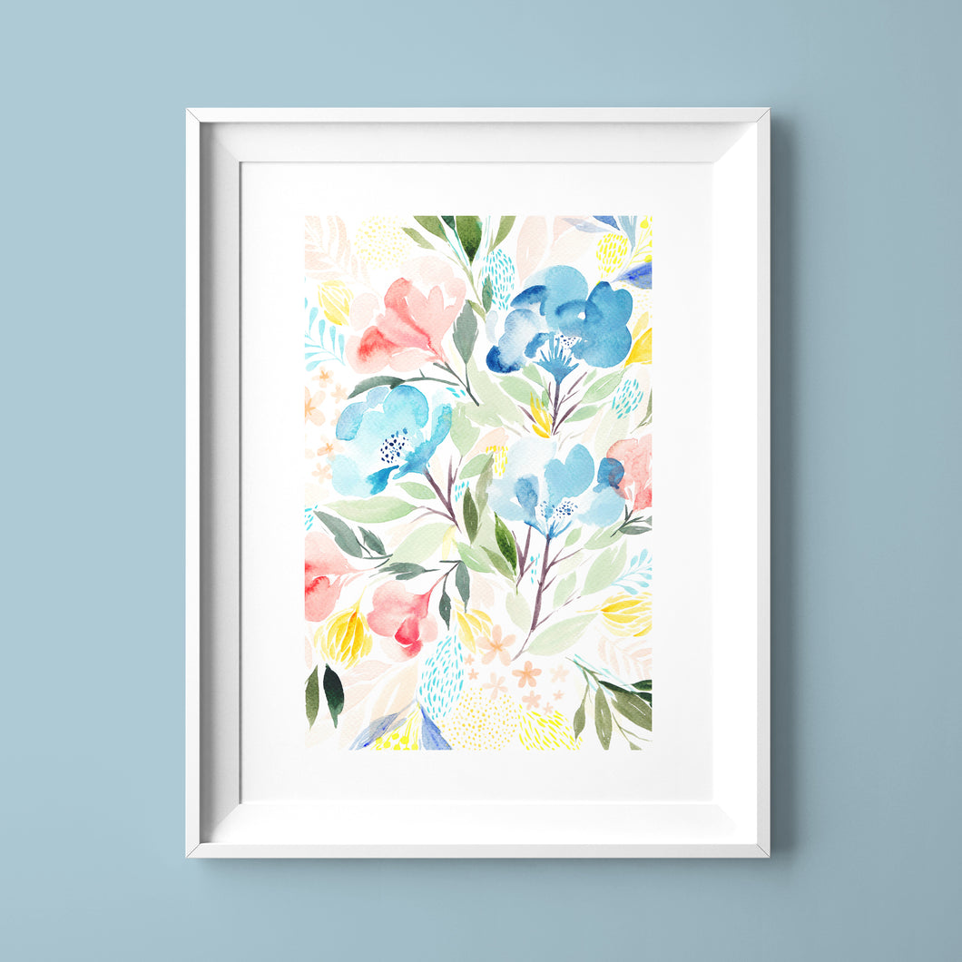 Pastel Blue & Pink Watercolour Florals: Print